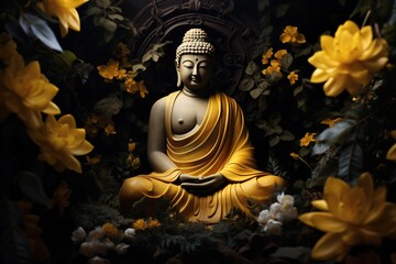 Fototapeta premium Buddha statue with yellow flowers on black background.Generative Ai