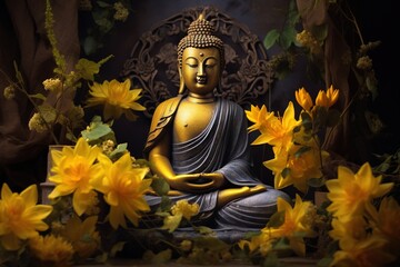 Buddha statue with yellow flowers on black background.Generative Ai