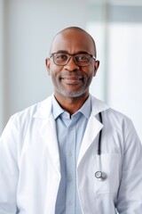 Close-up portrait of a friendly, afroamerican male doctor, medical worker on the background of a hospital hallway