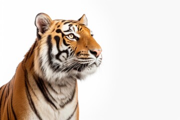 Portrait of a tiger, close-up, looking away, isolated on a white background. space for designer's text