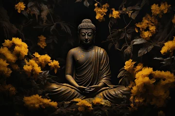 Zelfklevend Fotobehang Buddha statue with yellow flowers on black background.Generative Ai © Rudsaphon