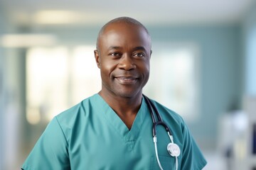 Fototapeta na wymiar Close-up portrait of a benevolent, smiling confident male doctor, medical worker with a stethoscope on his neck, against the background of a hallway