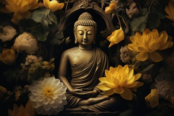Buddha statue with yellow flowers on black background.Generative Ai