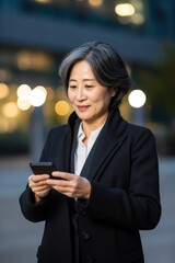 Smiling elderly asian woman on a smartphone typing text messages, browsing the Internet, finishing work, looking at the camera. 
