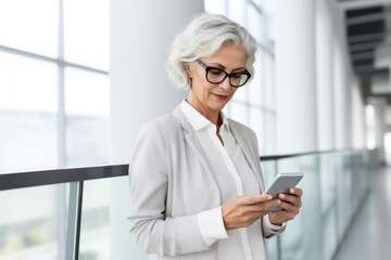 Smiling elderly woman on a smartphone typing text messages, browsing the Internet, finishing work, looking at the camera. An elderly grandmother walking in the background of a city street. 