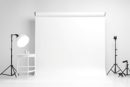 photo studio in light colors. white background. space for design text.