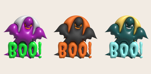 Fototapeta premium 3D illustration. Halloween cute little ghost and boo lettering. and full moon