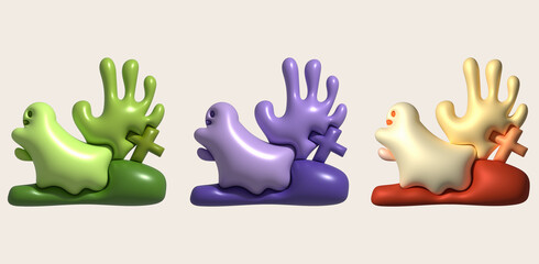 3d illustration. Halloween cute little ghost and grave cemetery.