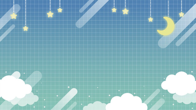 青と緑のグラデーションに星空と月と雲のかわいい背景