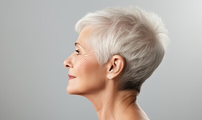 Portrait of a beautiful elderly senior model woman with grey hair