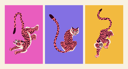 Posters with chinese tiger in groovy Chinese style. Beautiful abstract animal print design. For fabric, wall art, interior design, social media post, packaging.