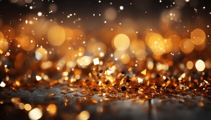 Many falling golden confetti, glitter bokeh lights background. Christmas decoration. Defocused. Luxury. Decoration. Festive. Celebration. Generative AI
