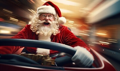 Speed driving santa claus going to deliver christmas present in rush