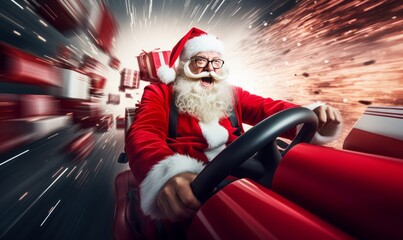 Speed driving santa claus going to deliver christmas present in rush © Patrick