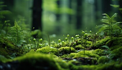 Obraz premium Green forest landscape with bokeh waterdrop. Summer background, Wallpapers. Spring. Generative AI