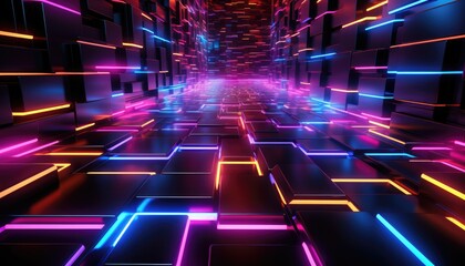 Colorful grid geometric neon light background. cyber wallpaper. Technology. Generative AI