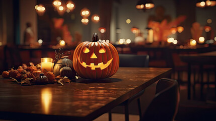 Halloween cafe interior design with pumpkin. Generative AI