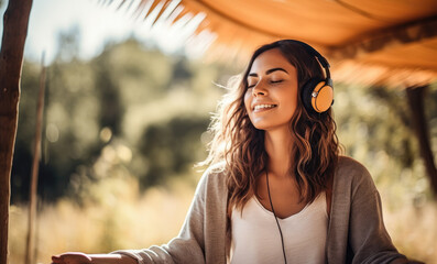 Blissful young woman with headphones enjoying music or a podcast in the park or forest, embodying...