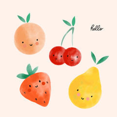 Watercolor fruits. Cute cartoon characters with eyes and smiles, peach or orange, pear strawberry and cherry. Hand drawn lettering. Decor elements for childish nursery, textile decor. Vector set