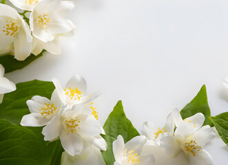 panoramic shot of jasmine flowers on white surface- ai generative