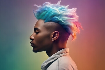 African american gay man wearing multicoloured hair and standing on rainbow background - obrazy, fototapety, plakaty