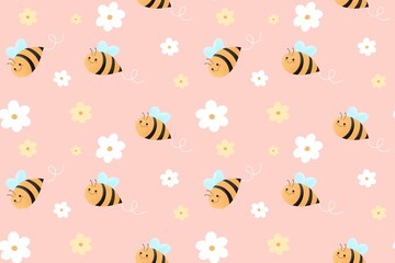 Bee pattern in flower garden in hand drawn style. Seamless pattern for printing on baby clothes.