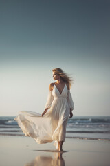 Fototapeta na wymiar beautiful woman in white flowy dress walking on a beach, Generative AI
