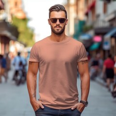 Fototapeta premium Realistic t - shirt mockup featuring a model wearing it, showcasing how the design looks when worn. Generative AI