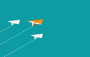 Origami orange paper plane leads to success. The startup, creative idea, business financial, competition concept. Vector illustration for banner, poster, and background.