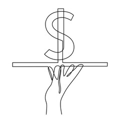 Hand holds dollar sign on tray,one line art,continuous contour drawing, hand-drawn line icon for business.Financial valuta sign,currency trendy template.Editable stroke.Isolated.Vector