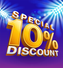 Special discount 10 percent. White and orange gold 3D letters on blue stadium background with stadium lights. illustrator vector files.