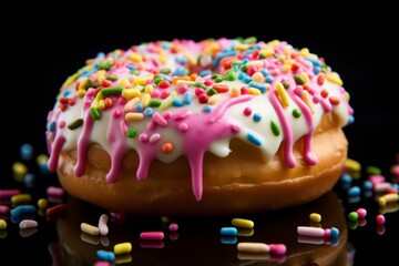Fototapeta na wymiar Illustration of a colourful donut with sprinkles and creamy white frosting created with Generative AI technology