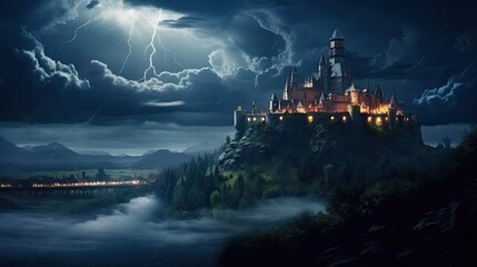 Castle on a Hill at Night During A Stormy Evening. Dramatic and Impressive Mediaeval Landscape with Silhouette Sky. Generative AI