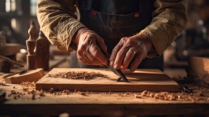 Skilled Carpenter Hands Chiseling and Carving Tools on Wooden Board for Building and Carving Projects in Workshop: Generative AI