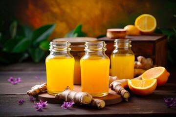 Turmeric Shot - Homemade, Vegan, and Healthy Ginger and Turmeric Drink with Citrous Twist, Ideal for Detox in a Convenient Bottle. Generative AI
