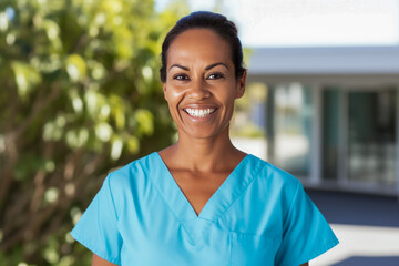 Island nurse standing outdoors in summer.