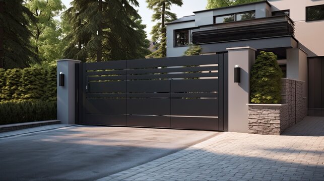 Steel Automatic Sliding Gate System for House Entrance | Motorized Iron Gate with Automation and Engine. Generative AI