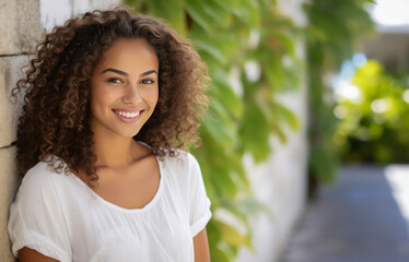 Young 20 year old woman standing against an outdoor wall with greenery in the background. - obrazy, fototapety, plakaty