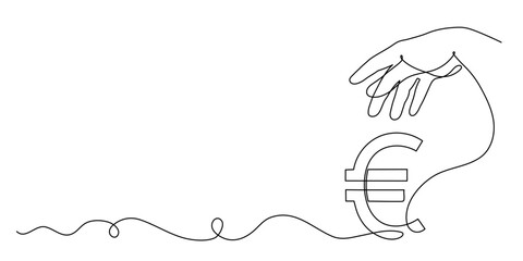 Hand holds euro sign,one line art,continuous contour drawing, hand-drawn line icon for business,minimalist design.Financial valuta sign,currency trendy template.Editable stroke.Isolated.Vector