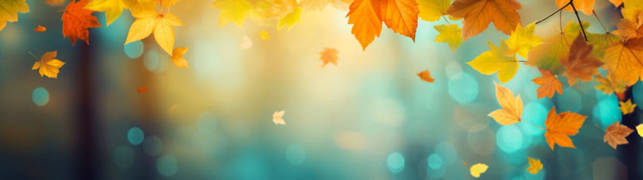 Banner with autumn orange leaves on blurred nature shiny bokeh background. Border, frame, postcard. Copy space. Generative AI