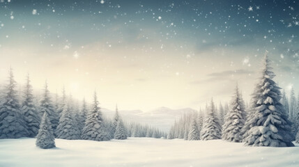 Fototapeta na wymiar Christmas background with fir snow covered forest.