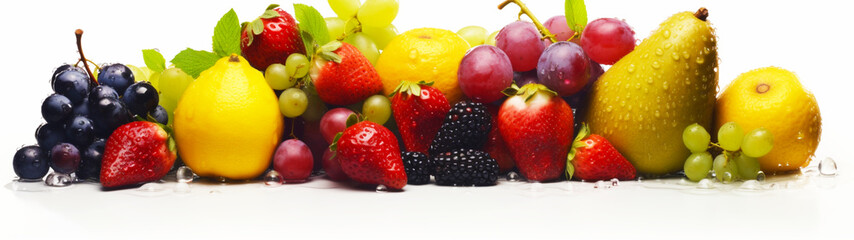 Fototapeta premium Banner with colored fruits on isolated white background. Generative AI