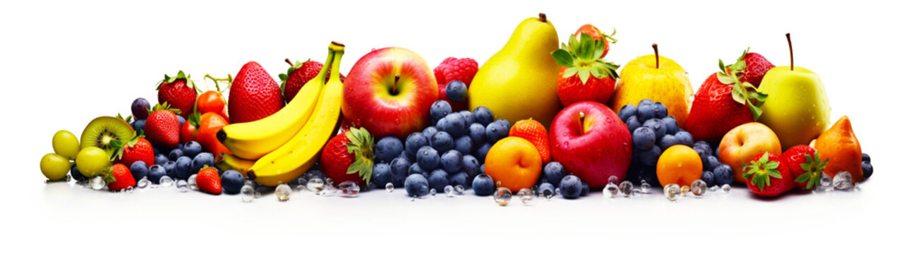 Banner with colored fruits on isolated white background. Generative AI