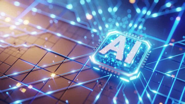 Artificial intelligence. text ai, circuit board and neuron hand drawn on greenboard. seamless loop animation.