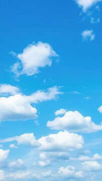 Blue sky with beautiful fluffy clouds. Natural background cloudscape 4K. Abstract blue.  Vertical video