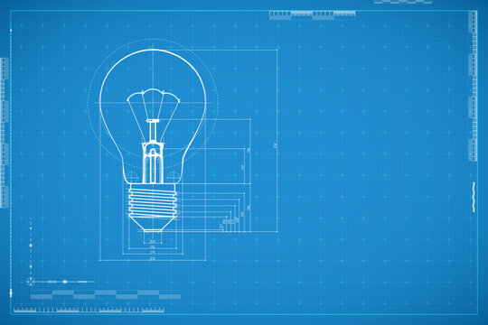 Blueprint of bulb lamp. Concept of design thinking, innovation, new creative idea, business solution, inspiration, new begining and brainstorming. Abstract technology background in blue color.