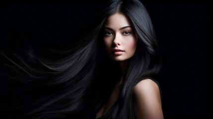 Beautiful model woman with long hairstyle. Care and beauty hair products. 