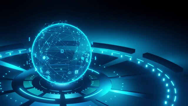 globe network technology background, on hud interface, blue coloured, wire network with icon, circle hud floor 3d