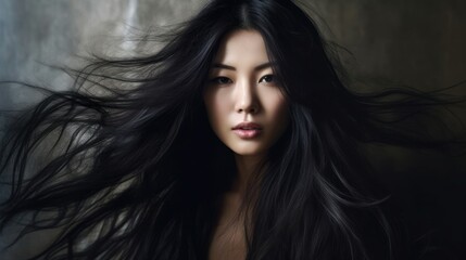 Fototapeta premium Beautiful model woman with long hairstyle. Care and beauty hair products. Generative AI