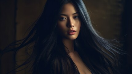 Fototapeta premium Beautiful model woman with long hairstyle. Care and beauty hair products. Generative AI
